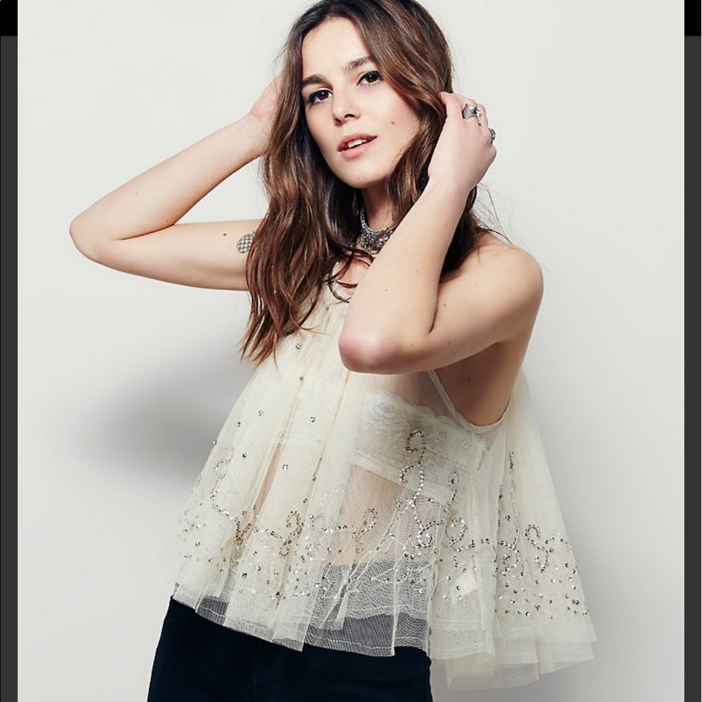 Free People Cream Embellished Tank Top